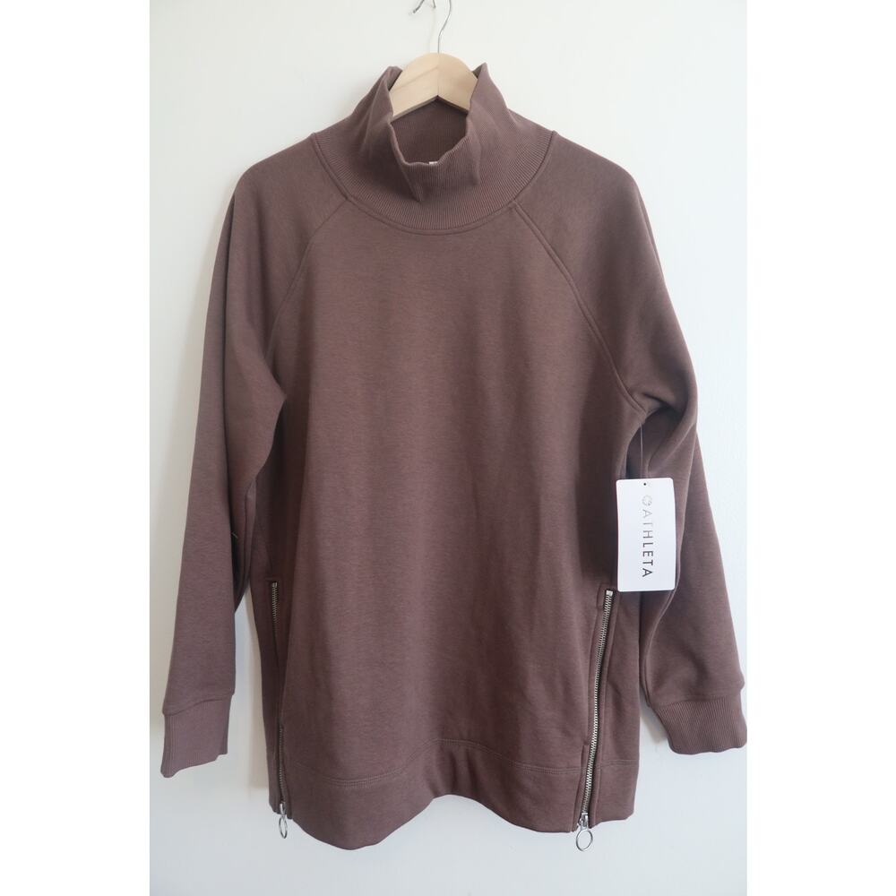 Athleta Cozy Karma Side Zip Funnel Neck Sweatshirt Brown Size Large NWT